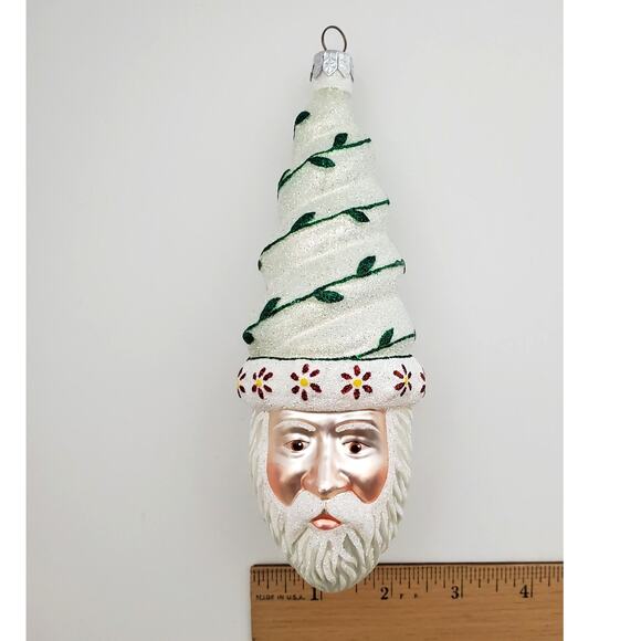 Glass Santa Ornament White w/Green Vine Red Yellow Flowers Winter - Picture 14 of 16